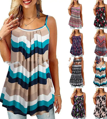 Women's Printed Pleated Wide Hem Loose Camisole